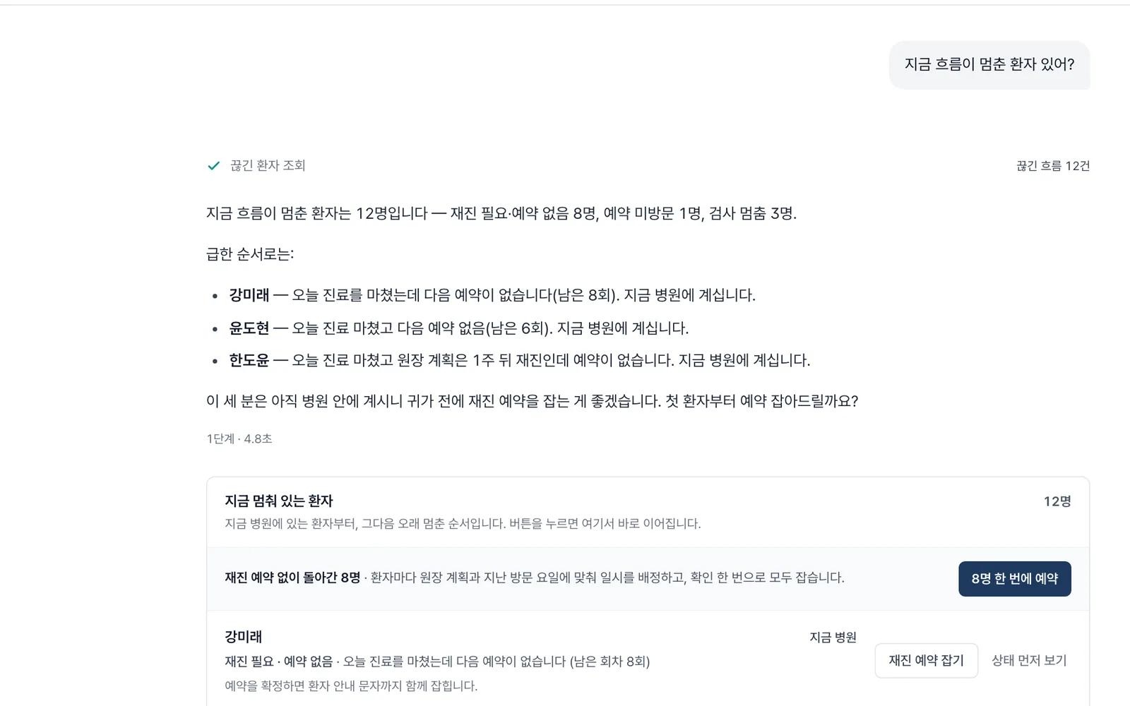 원장 채팅에서 흐름이 멈춘 환자와 다음 담당이 정리된 카드