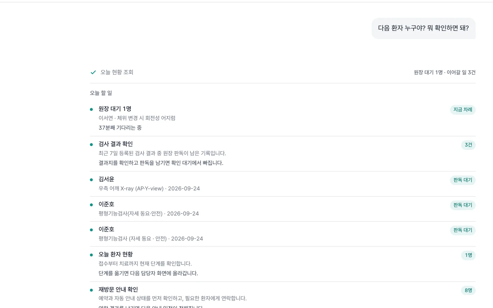 원장 채팅에서 다음 환자와 오늘 확인할 것이 정리된 화면